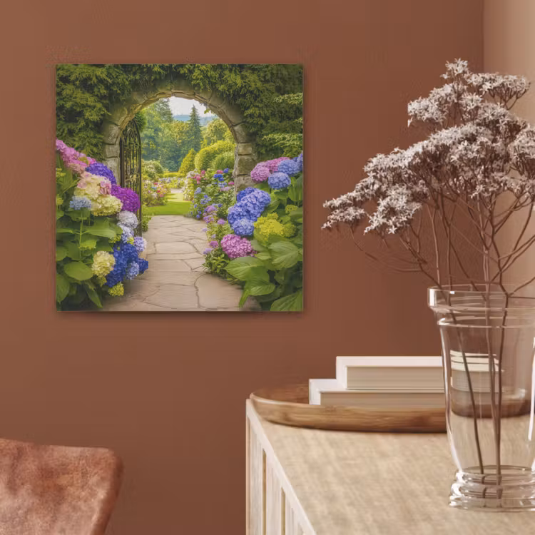 Doorkijk - Poort - Hortensia - Bloementuin PET vilt klein -sfeer4