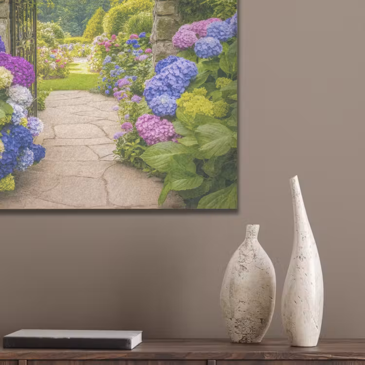 Doorkijk - Poort - Hortensia - Bloementuin PET vilt klein -sfeer6_closeup