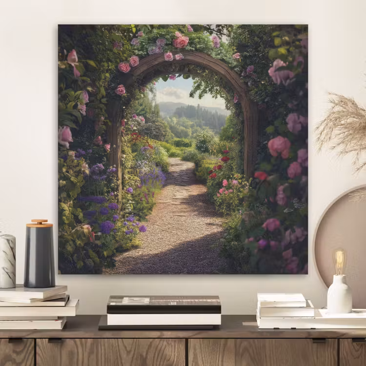 Doorkijk - Landschap - Bloemen - Rozenboog - Natuur PET vilt klein -sfeer1