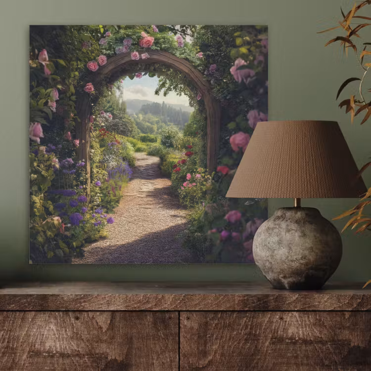 Doorkijk - Landschap - Bloemen - Rozenboog - Natuur PET vilt klein -sfeer2
