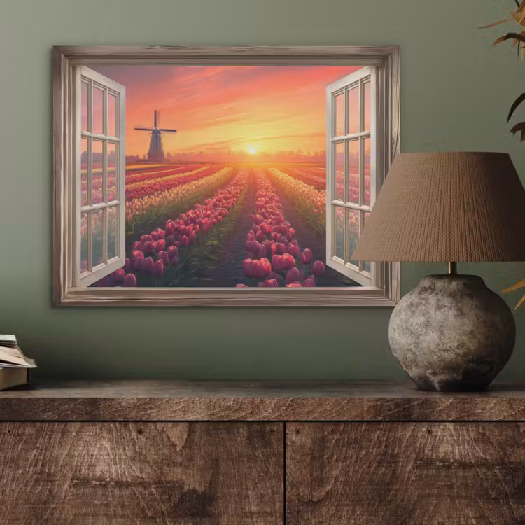Doorkijk - Tulpen - Zonsondergang - Bloemen - Kleurrijk PET vilt klein -sfeer2