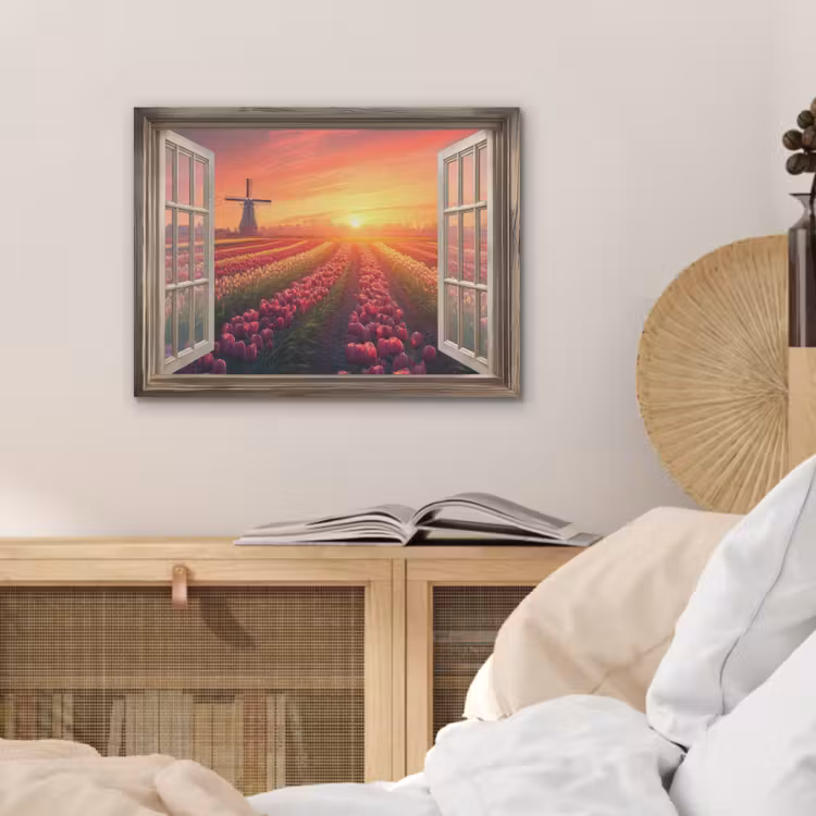 Doorkijk - Tulpen - Zonsondergang - Bloemen - Kleurrijk PET vilt klein -sfeer3