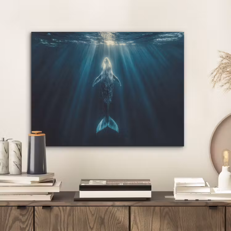 Walvis - Water - Zonnestralen - Blauw PET vilt klein -sfeer1