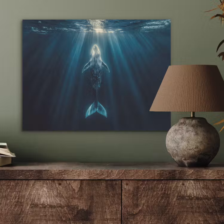 Walvis - Water - Zonnestralen - Blauw PET vilt klein -sfeer2