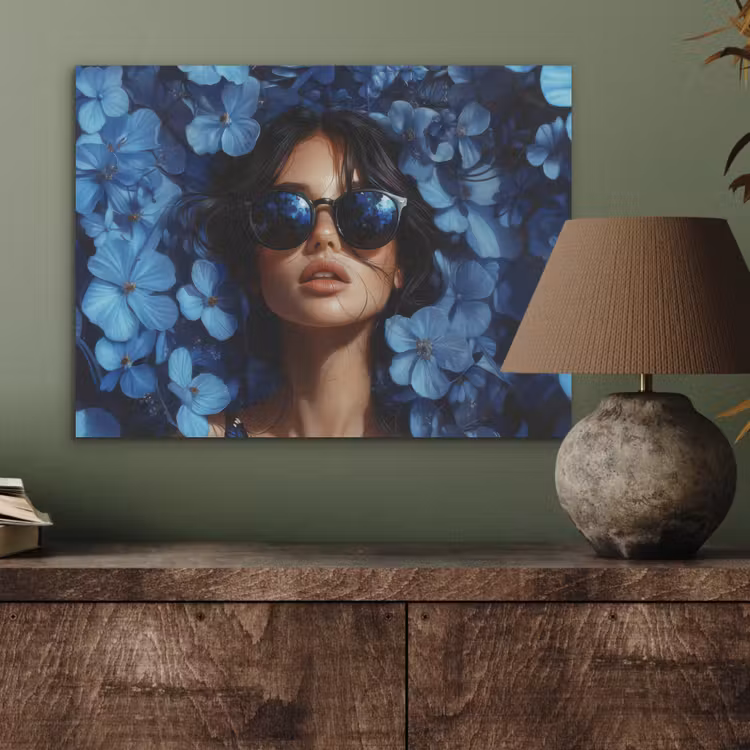 Vrouw - Blauw - Bloemen - Vlinders - Natuur PET vilt klein -sfeer2