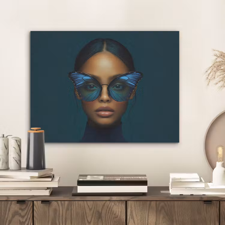Vrouw - Vlinder - Bril - Blauw - Modern - Portret PET vilt klein -sfeer1