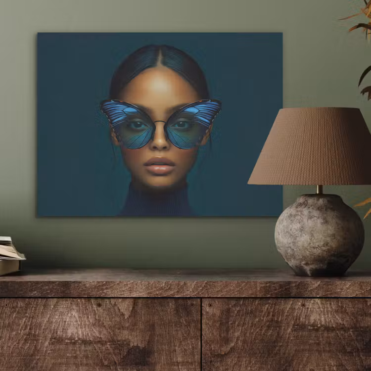 Vrouw - Vlinder - Bril - Blauw - Modern - Portret PET vilt klein -sfeer2