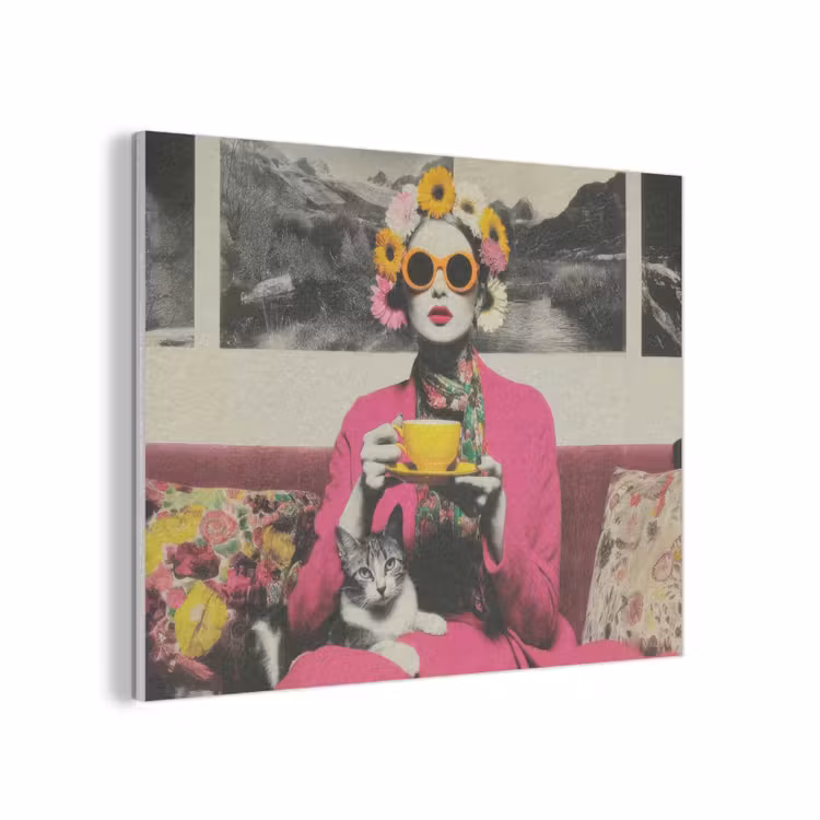 Vrouw - Kat - Bloemen - Kopje - Retro PET vilt klein -3d