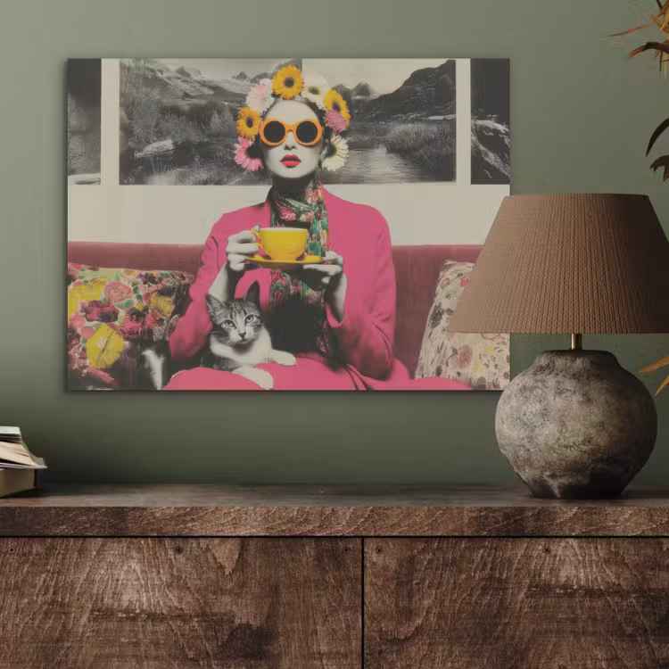 Vrouw - Kat - Bloemen - Kopje - Retro PET vilt klein -sfeer2