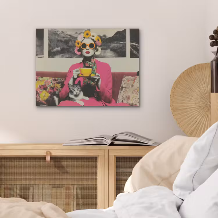 Vrouw - Kat - Bloemen - Kopje - Retro PET vilt klein -sfeer3