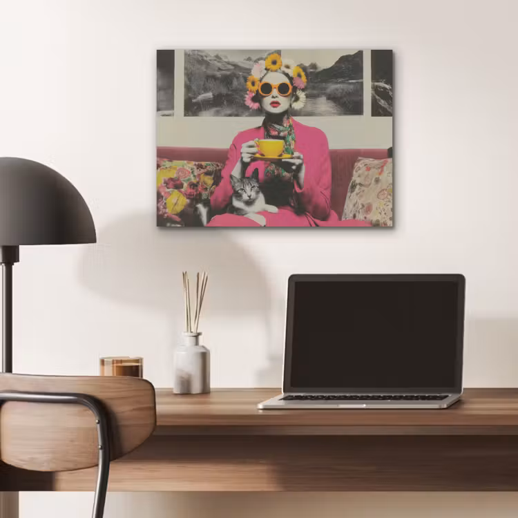 Vrouw - Kat - Bloemen - Kopje - Retro PET vilt klein -sfeer5