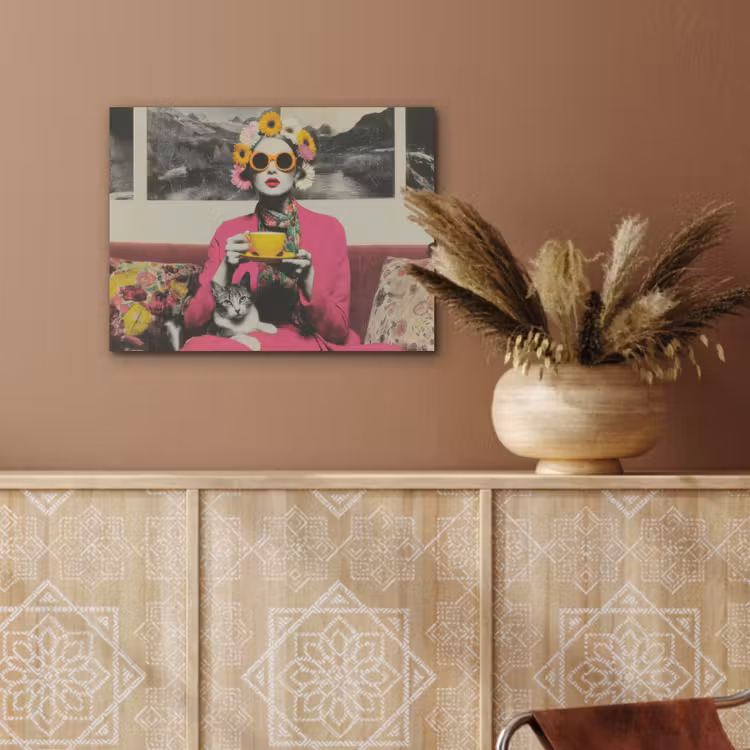 Vrouw - Kat - Bloemen - Kopje - Retro PET vilt klein -sfeer4