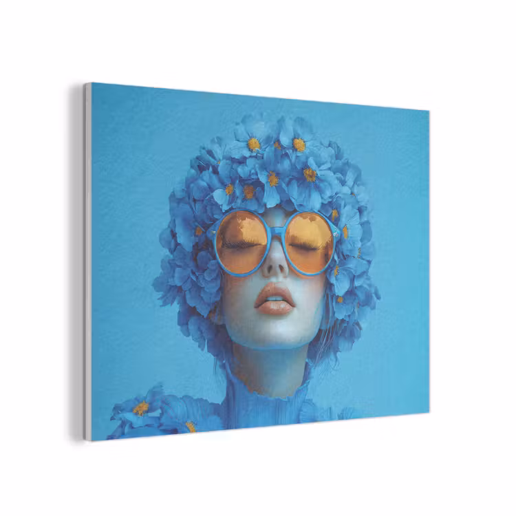Vrouw - Bloem - Blauw - Modern - Bril - Portret PET vilt klein -3d
