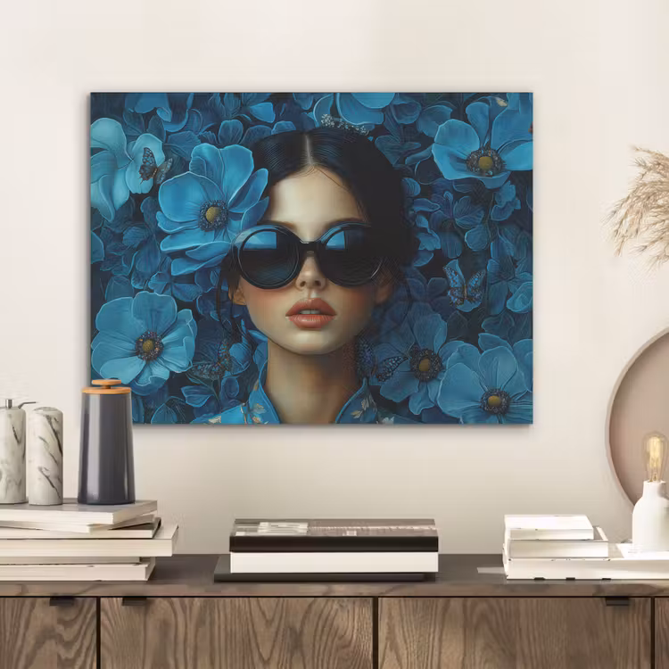 Vrouw - Bloemen - Blauw - Aesthetic - Luxe PET vilt klein -sfeer1