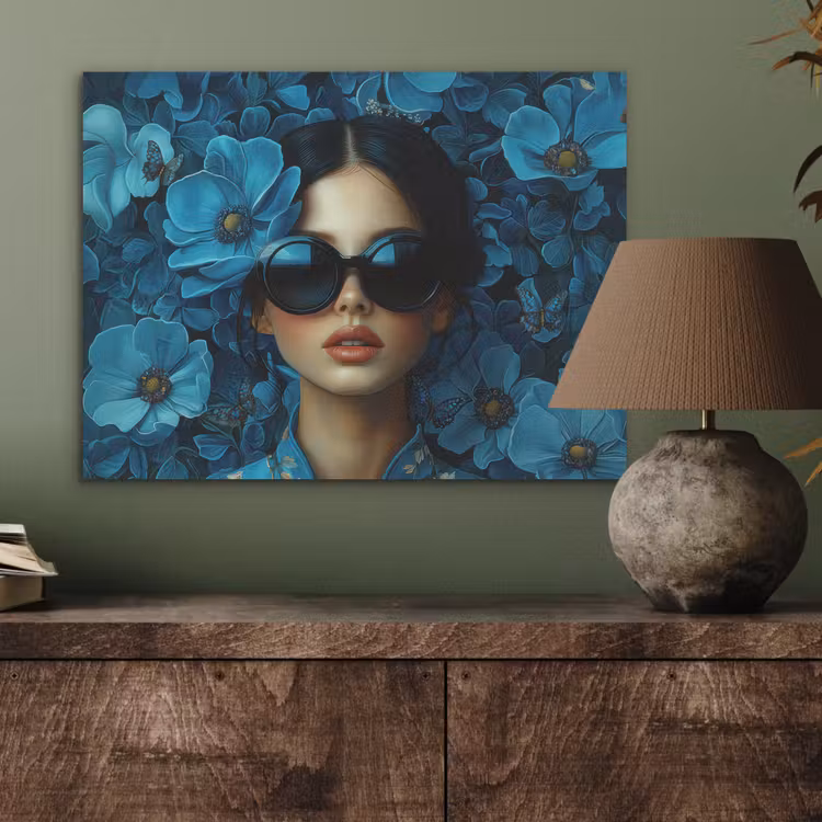 Vrouw - Bloemen - Blauw - Aesthetic - Luxe PET vilt klein -sfeer2