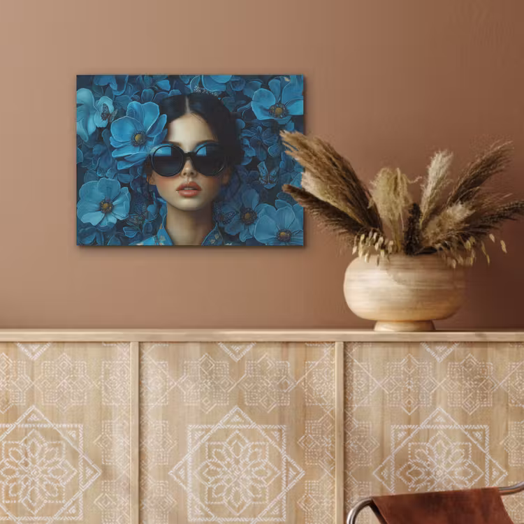 Vrouw - Bloemen - Blauw - Aesthetic - Luxe PET vilt klein -sfeer4