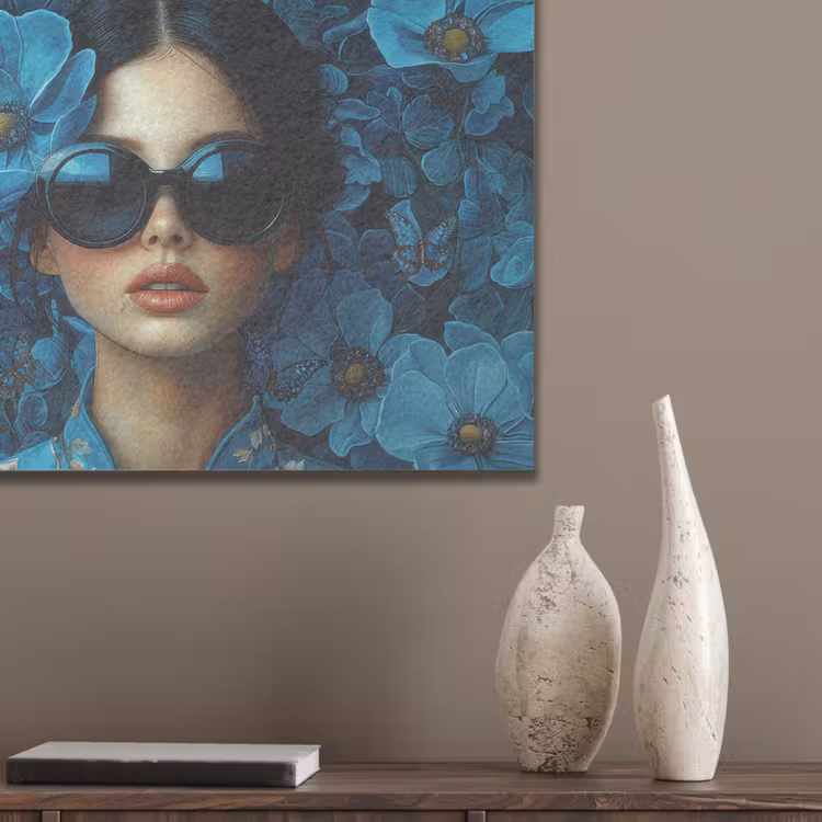 Vrouw - Bloemen - Blauw - Aesthetic - Luxe PET vilt klein -sfeer6_closeup