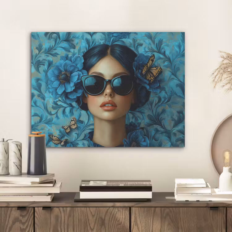 Vrouw - Bloemen - Vlinders - Blauw - Abstract PET vilt klein -sfeer1