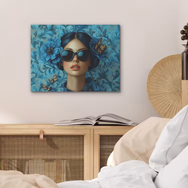 Vrouw - Bloemen - Vlinders - Blauw - Abstract PET vilt klein -sfeer3