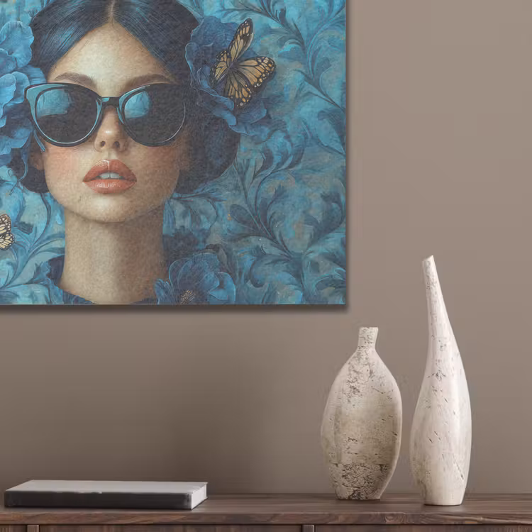 Vrouw - Bloemen - Vlinders - Blauw - Abstract PET vilt klein -sfeer6_closeup