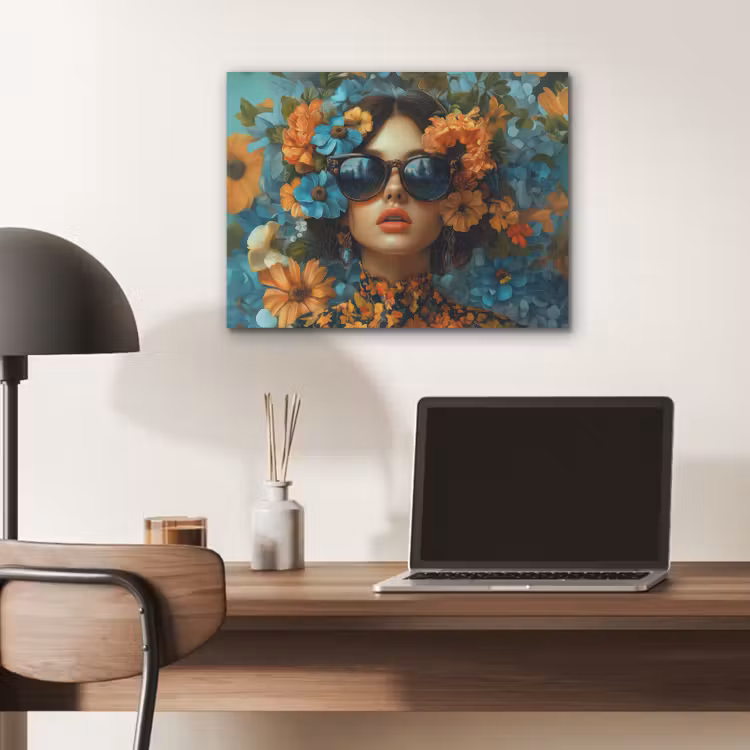 Vrouw - Bloemen - Oranje - Blauw - Modern PET vilt klein -sfeer5
