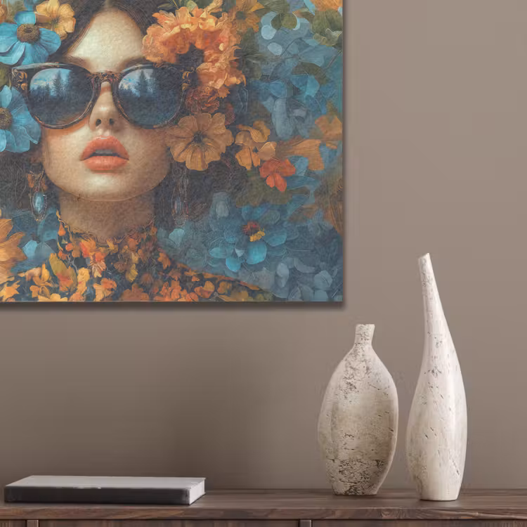 Vrouw - Bloemen - Oranje - Blauw - Modern PET vilt klein -sfeer6_closeup