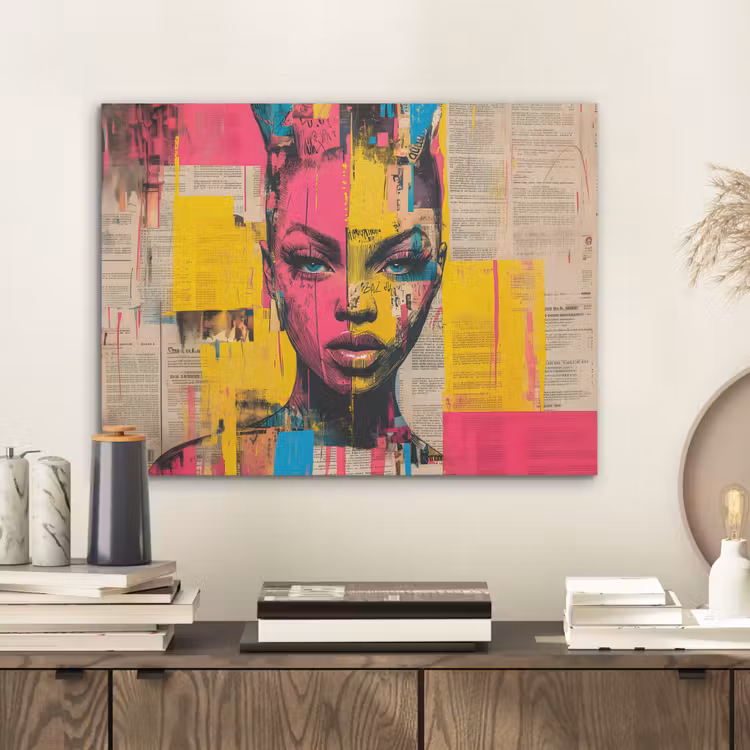 Vrouwengezicht - Krantenpapier - Abstract - Roze PET vilt klein -sfeer1