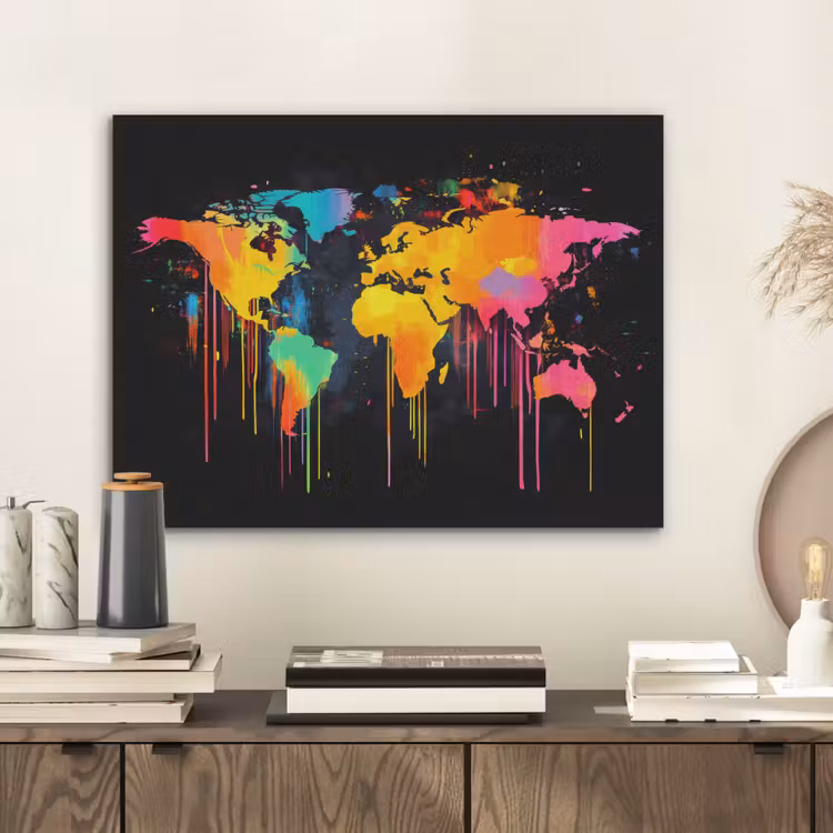 Wereldkaart - Verf - Kleurrijk - Graffiti - Wereld PET vilt klein -sfeer1