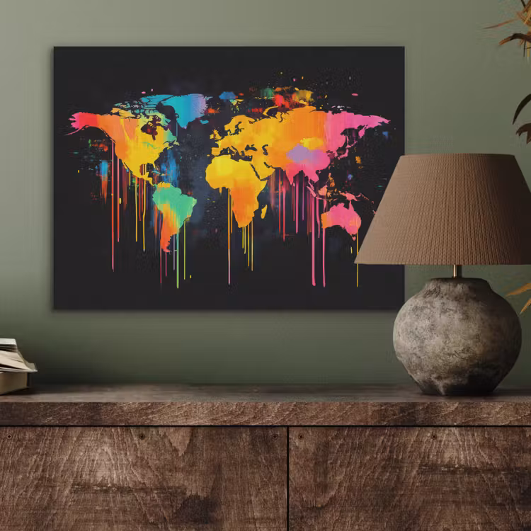 Wereldkaart - Verf - Kleurrijk - Graffiti - Wereld PET vilt klein -sfeer2