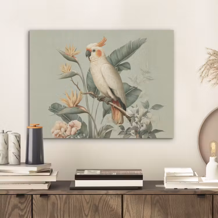 Gele kuifkaketoe - paradijsvogelbloemen - Groen PET vilt klein -sfeer1