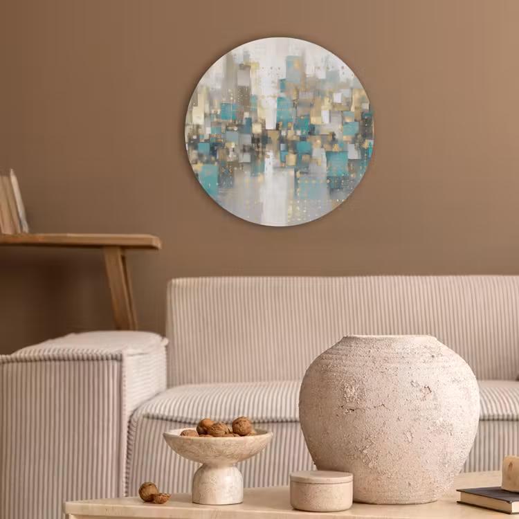 Abstract - Blokken - Goud - Skyline Akoestische PET Vilt - Rond klein -sfeer1