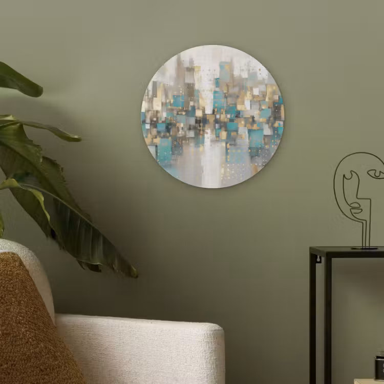 Abstract - Blokken - Goud - Skyline Akoestische PET Vilt - Rond klein -sfeer2