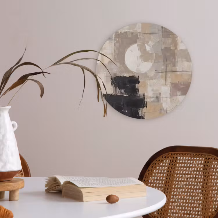 Abstract - Cirkel - Modern - Beige - Zwart - Minimalistisch Akoestische PET Vilt - Rond klein -sfeer3