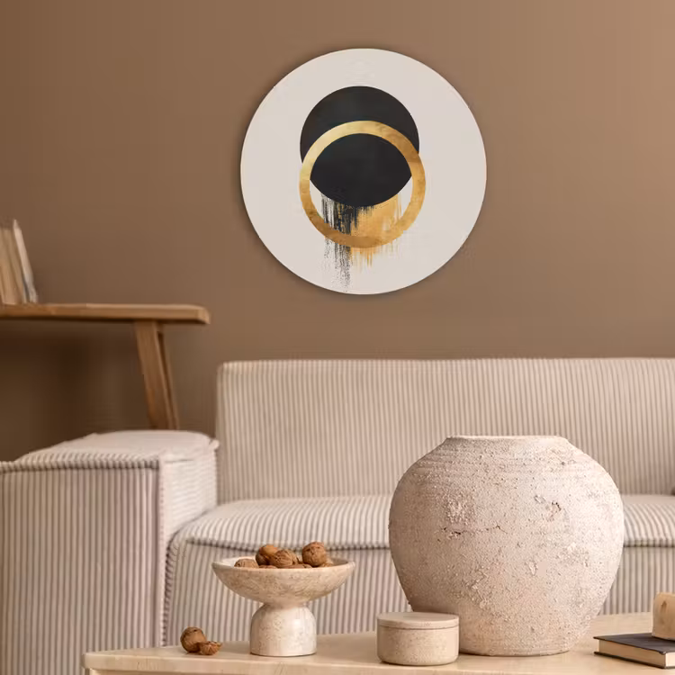 Abstract ontwerp - Zwarte cirkel - Verfvlekken Akoestische PET Vilt - Rond klein -sfeer1