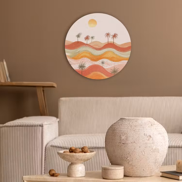 Abstract landschap - Palmbomen - Kleurrijk Akoestische PET Vilt - Rond klein -sfeer1