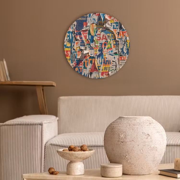 Abstract - Gelaagd papier - Urban - Modern - Kleurrijk Akoestische PET Vilt - Rond klein -sfeer1