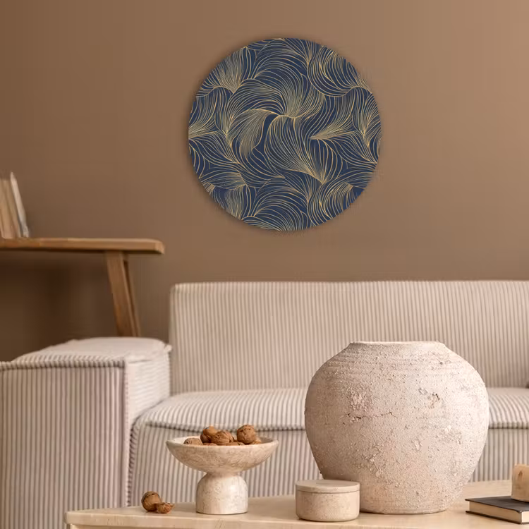Abstract - Lijnen - Blauw - Goud Akoestische PET Vilt - Rond klein 838 -sfeer1