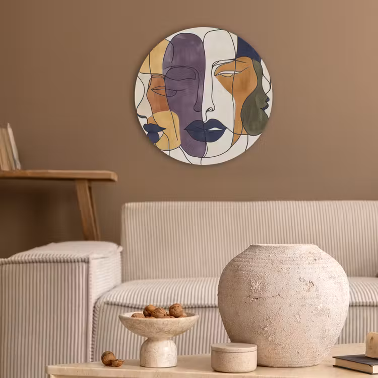 Abstract - Overlappende gezichten - Paars - Donkergroen Akoestische PET Vilt - Rond klein -sfeer1