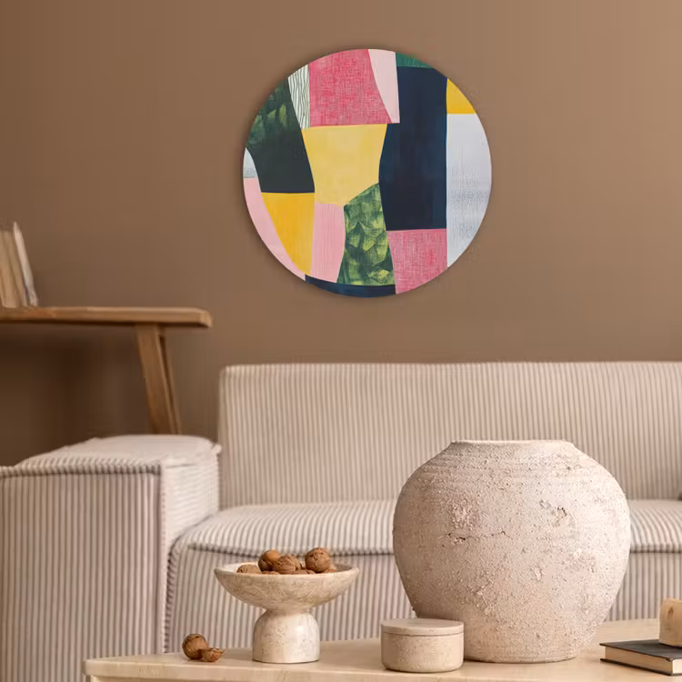 Abstract - Roze - Lappen - Vormen - Geel Akoestische PET Vilt - Rond klein -sfeer1