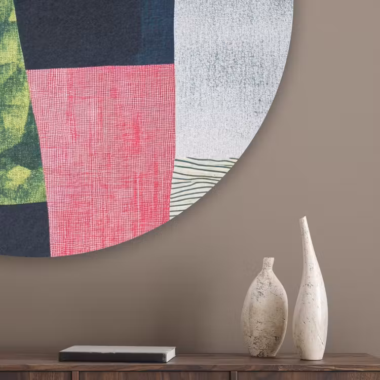 Abstract - Roze - Lappen - Vormen - Geel Akoestische PET Vilt - Rond klein -sfeer5_closeup