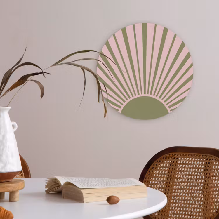 Abstract - Stralen - Grafisch - Roze - Groen Akoestische PET Vilt - Rond klein -sfeer3