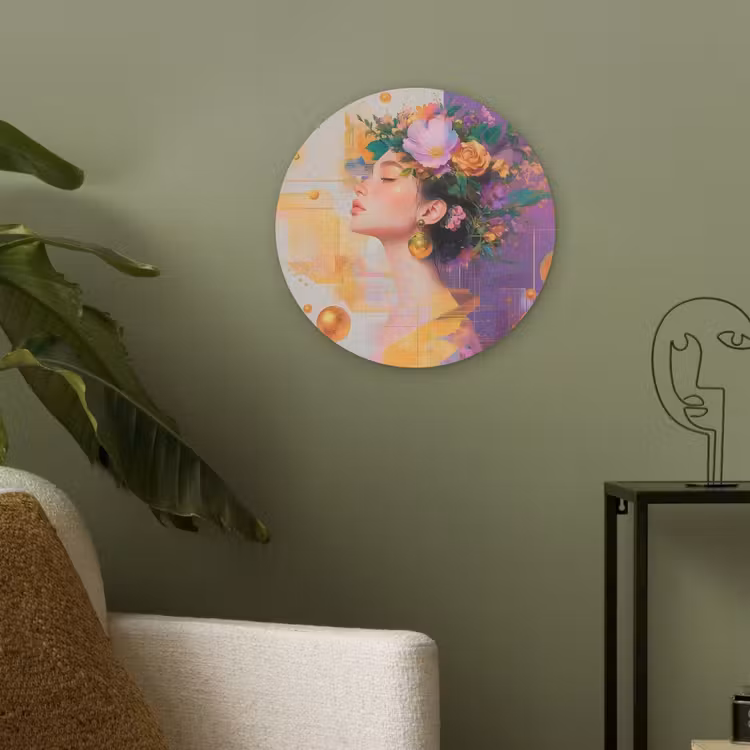 Abstract - Vrouw - Bloemenkroon - Goud Akoestische PET Vilt - Rond klein -sfeer2