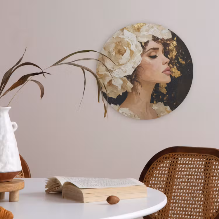 Abstract - Vrouw - Bloemen - Wit Akoestische PET Vilt - Rond klein -sfeer3