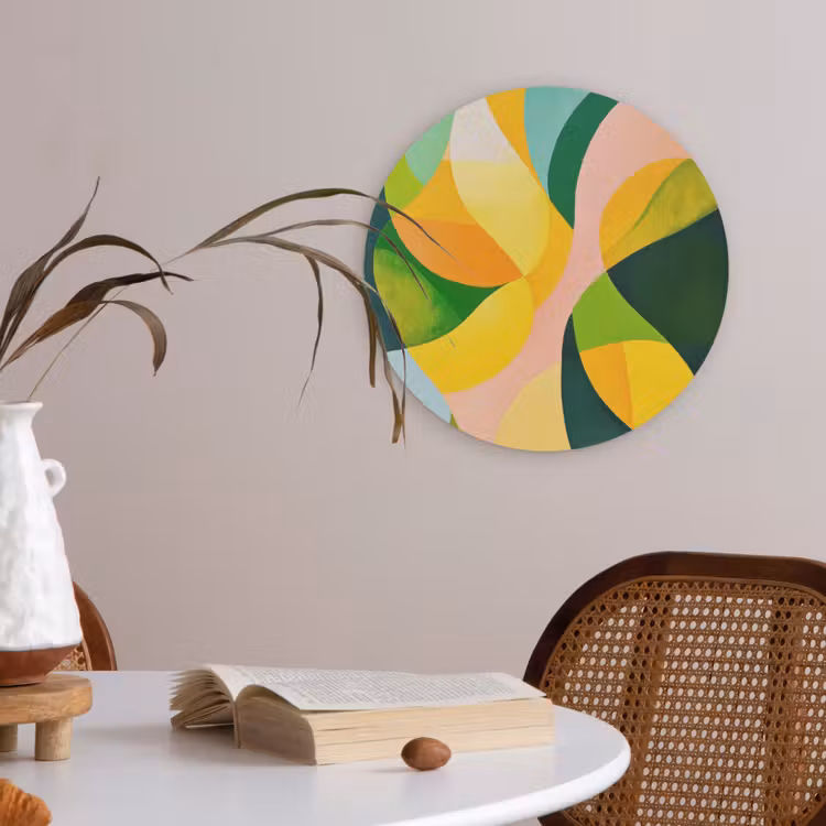Abstract - Geel - Roze - Groen Akoestische PET Vilt - Rond klein -sfeer3