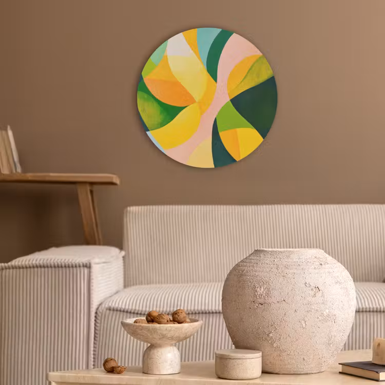 Abstract - Geel - Roze - Groen Akoestische PET Vilt - Rond klein -sfeer1