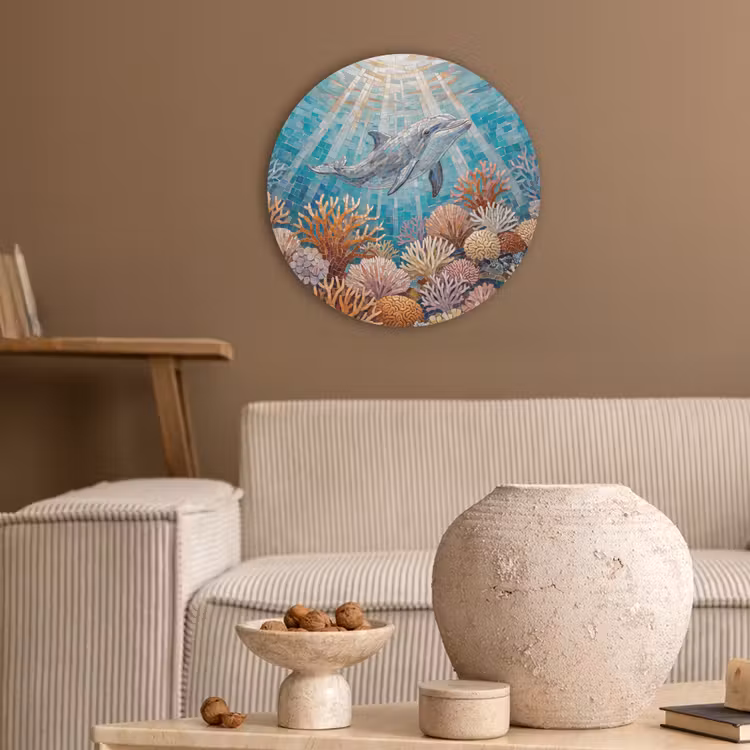 Dieren - Mozaïek - Oceaan - Koraal - Blauw Akoestische PET Vilt - Rond klein -sfeer1