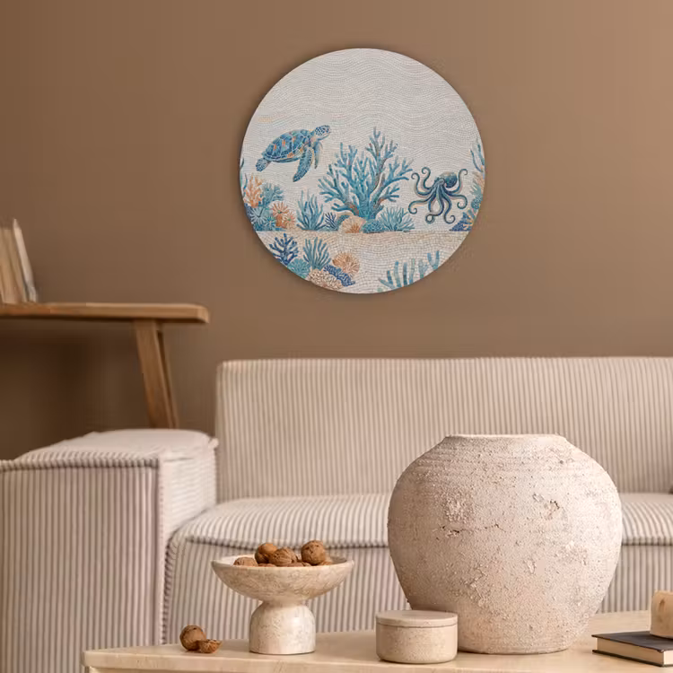 Dieren - Onderwater - Natuur - Mozaïek - Blauw Akoestische PET Vilt - Rond klein -sfeer1