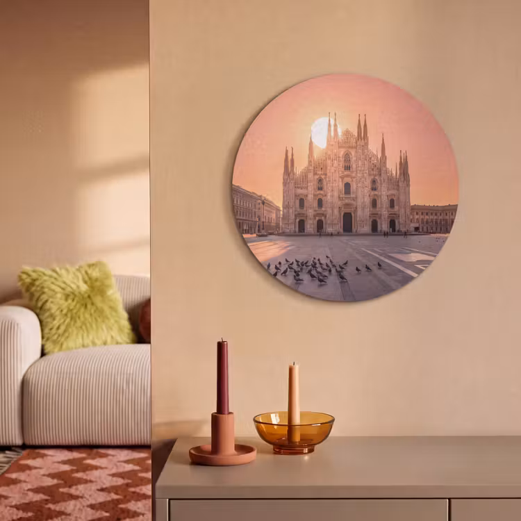 Architectuur - Milaan - Plein - Zonsopgang - Oranje Akoestische PET Vilt - Rond klein -sfeer1