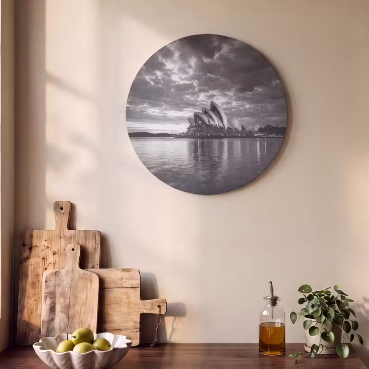 Architectuur - Water - Stad - Modern - Zwart-wit Akoestische PET Vilt - Rond klein -sfeer2