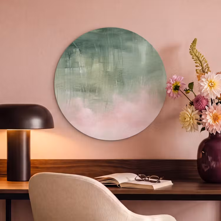 Kunst - Abstract - Modern - Groen - Roze Akoestische PET Vilt - Rond klein -sfeer3